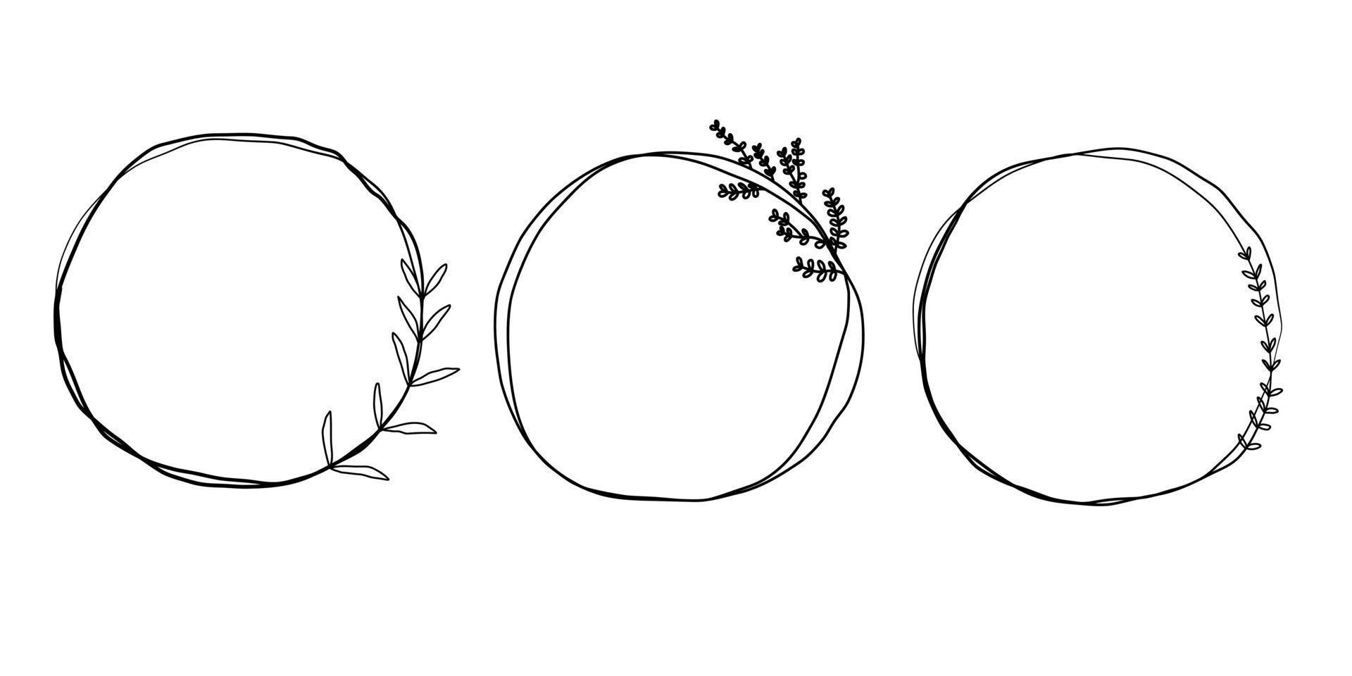 Abstract doodle isolated frames set hand drawn. Cute round lines with leaves. For wedding, Valentine's day, plant collection. vector