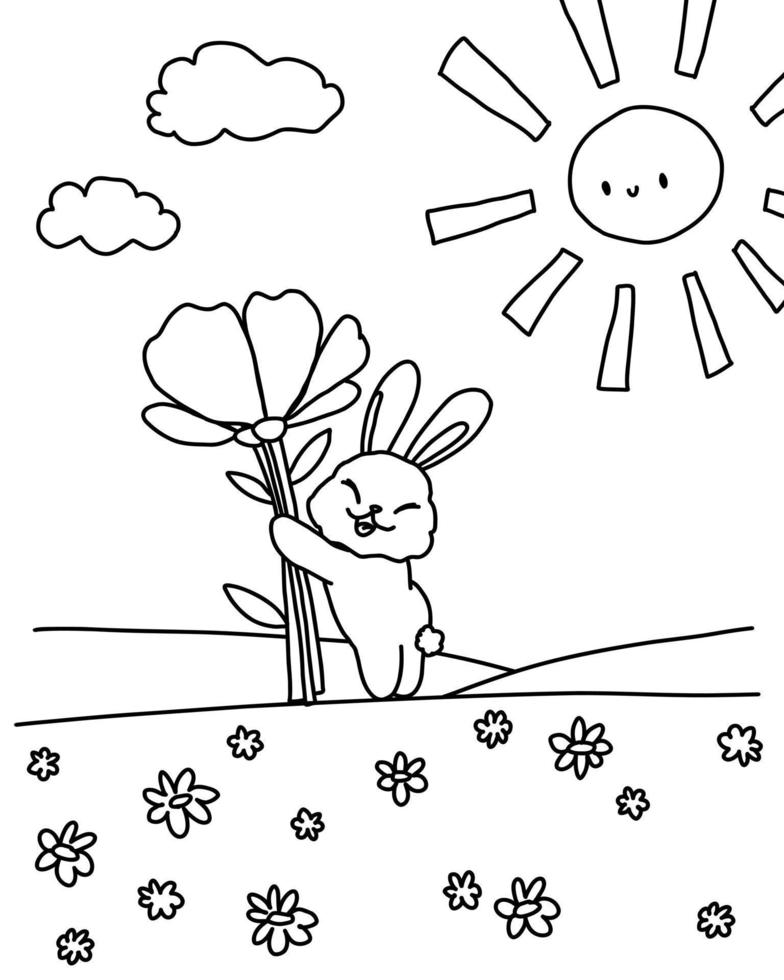 Cute cartoon rabbit coloring book. Pet, rabbit, animal, bunny with bouquet flowers isolated. vector