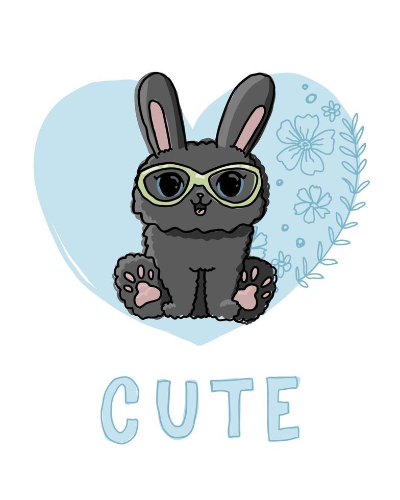 Little bunny princess with text cute. Baby animal illustration for kids. Blue heart doodle line flowers background isolated. vector