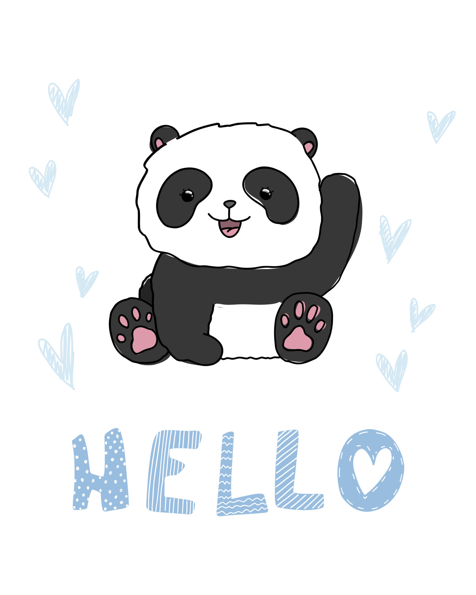 Cute little panda with text hello. Baby animal illustration for kids.  Doodle hearts background isolated. 7701795 Vector Art at Vecteezy