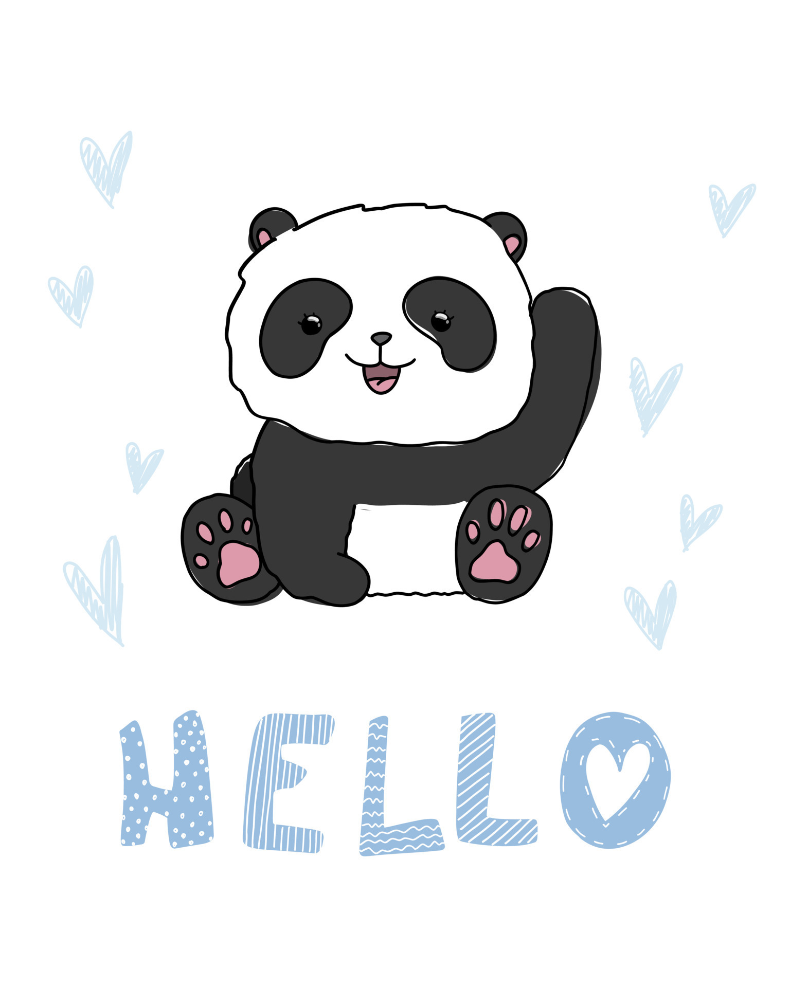 Cute little panda with text hello. Baby animal illustration for