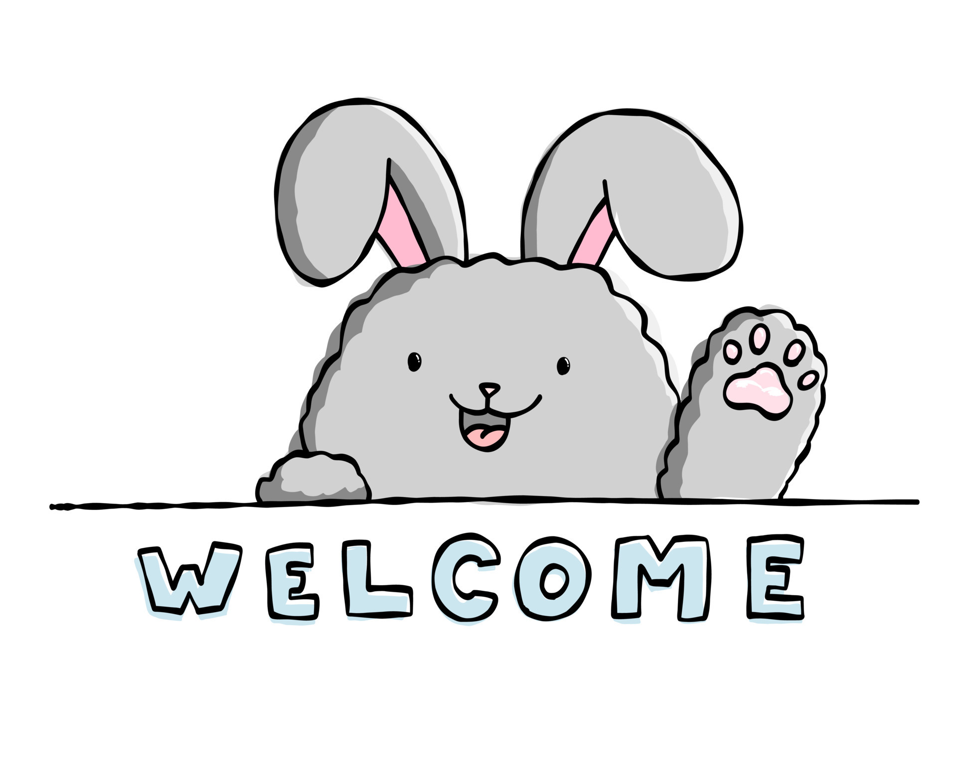 Doodle bunny postcard vector illustration eps 10. Baby print, banner,  brochure, happy pet with smiling face. Welcome text with cute rabbit  isolated on white background. 7701804 Vector Art at Vecteezy