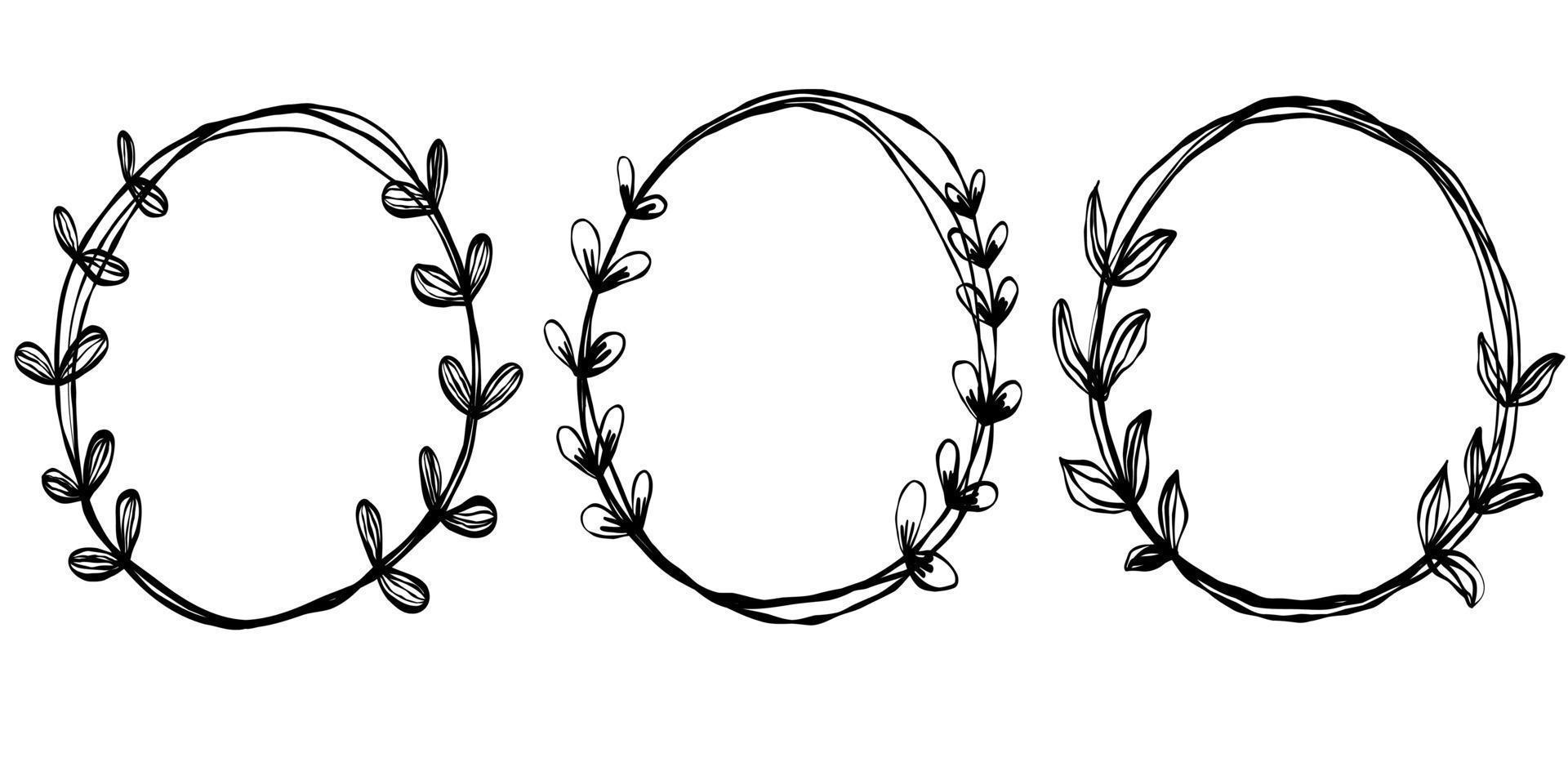 Lindo doodle abstracto marcos ovalados aislados conjunto dibujado a mano. líneas redondas con hojas. para bodas, día de san valentín, colección de plantas. vector