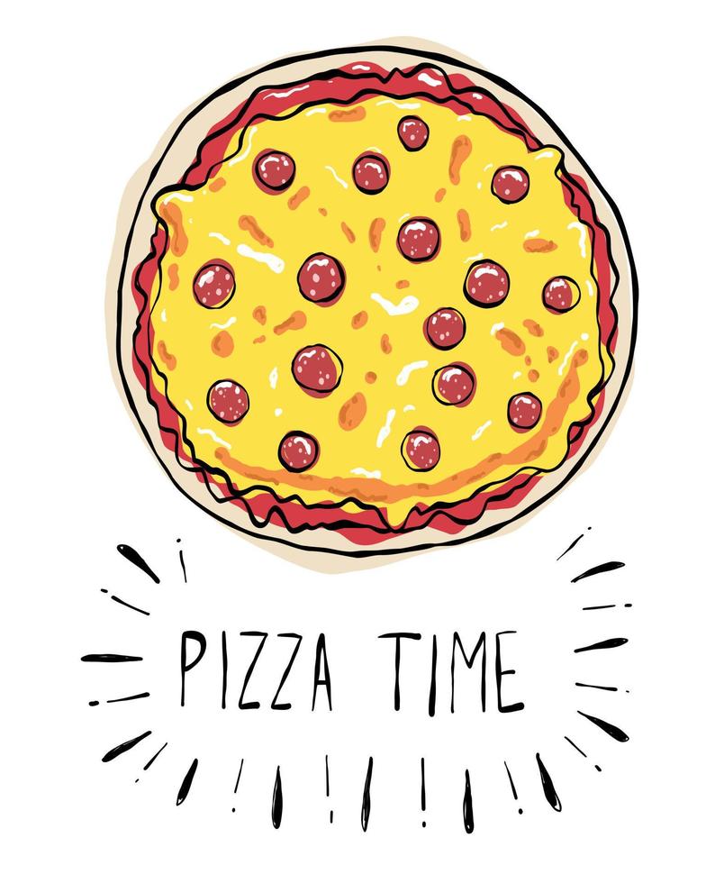 Pizza time print for pizzeria. Cute doodle postcard, food poster, background. Hand drawn vector illustration.