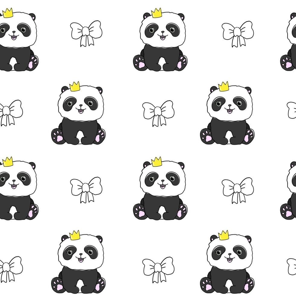 Cute white pattern with line doodle panda with bows. Seamless background. Textiles for children. Minimalism paper scrapbook for kids. vector