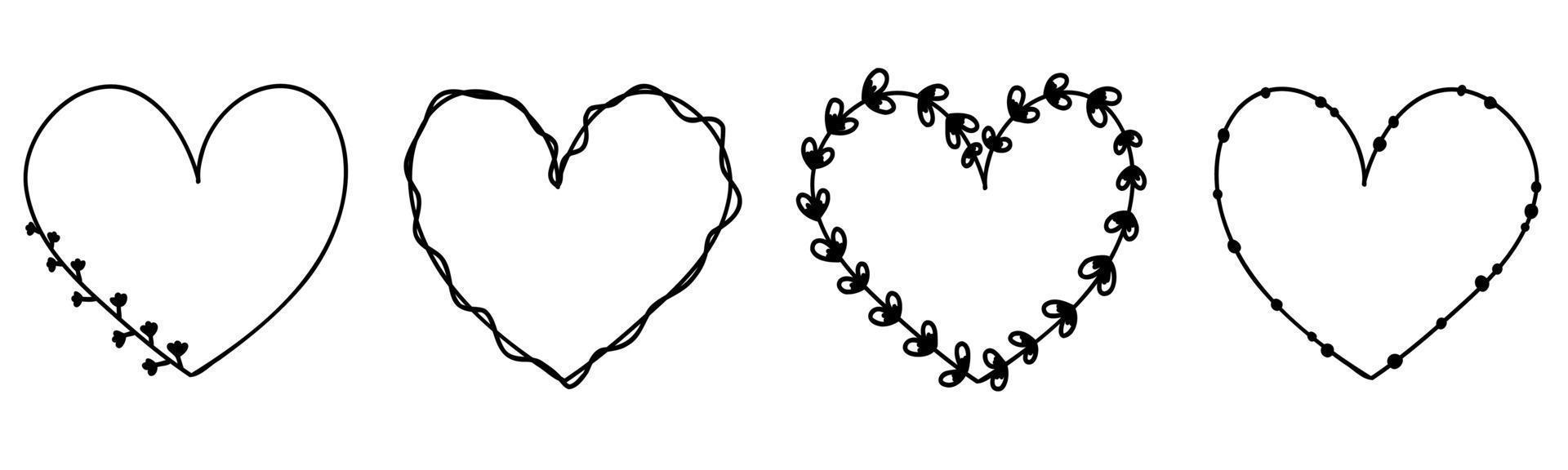 Doodle hearts frames set love hand drawn. Valentines day for wedding isolated plant, branches collection. vector