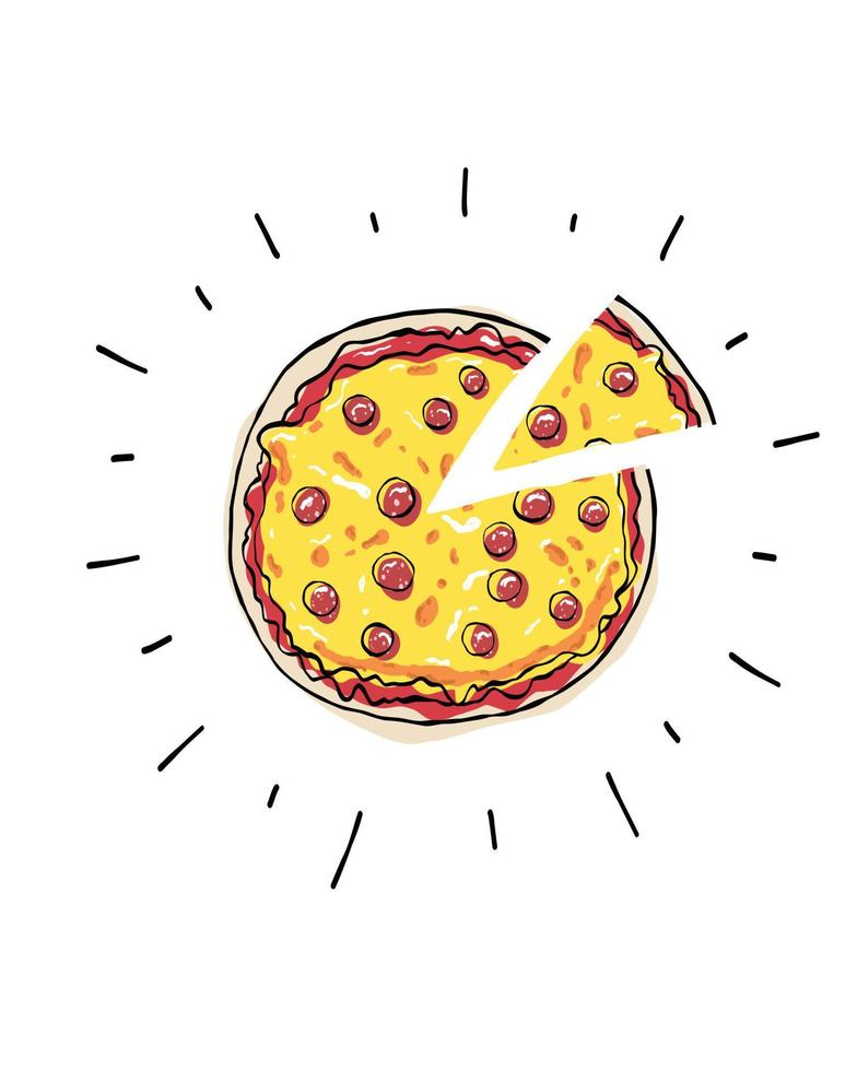 Pizza print for pizzeria with cute doodle postcard, food poster, background. Hand drawn vector illustration.