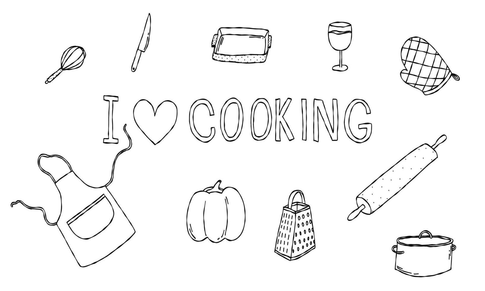 I love cooking silhouette, line, outline food isolated with text. Doodle isolated background. vector