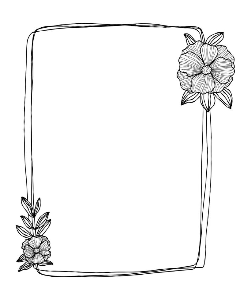 Doodle one frame hand drawn. Square doodle line with flowers for wedding, happy birthday isolated. vector