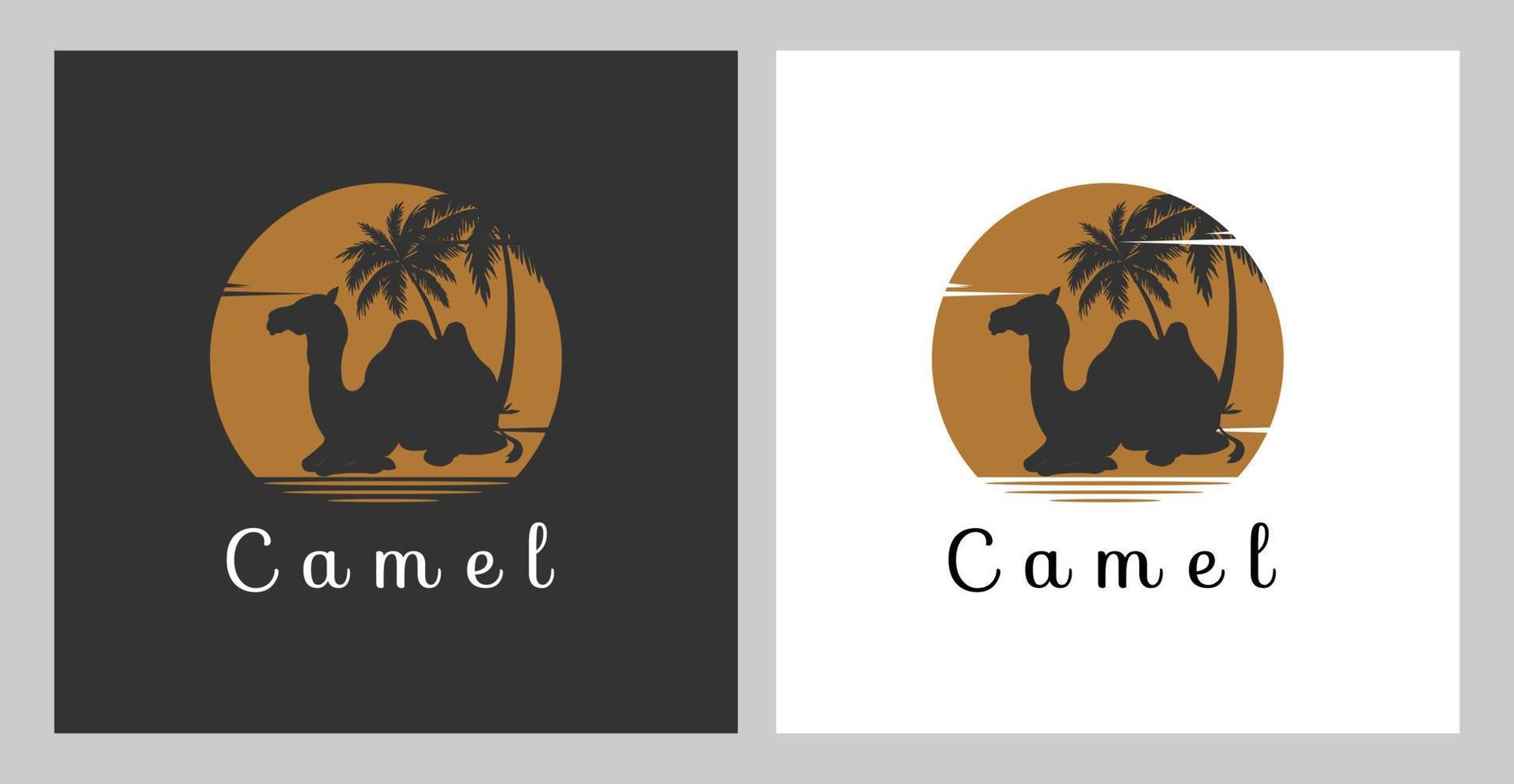 logo illustration of a camel silhouette sitting under a coconut tree. used for travel mascot vector