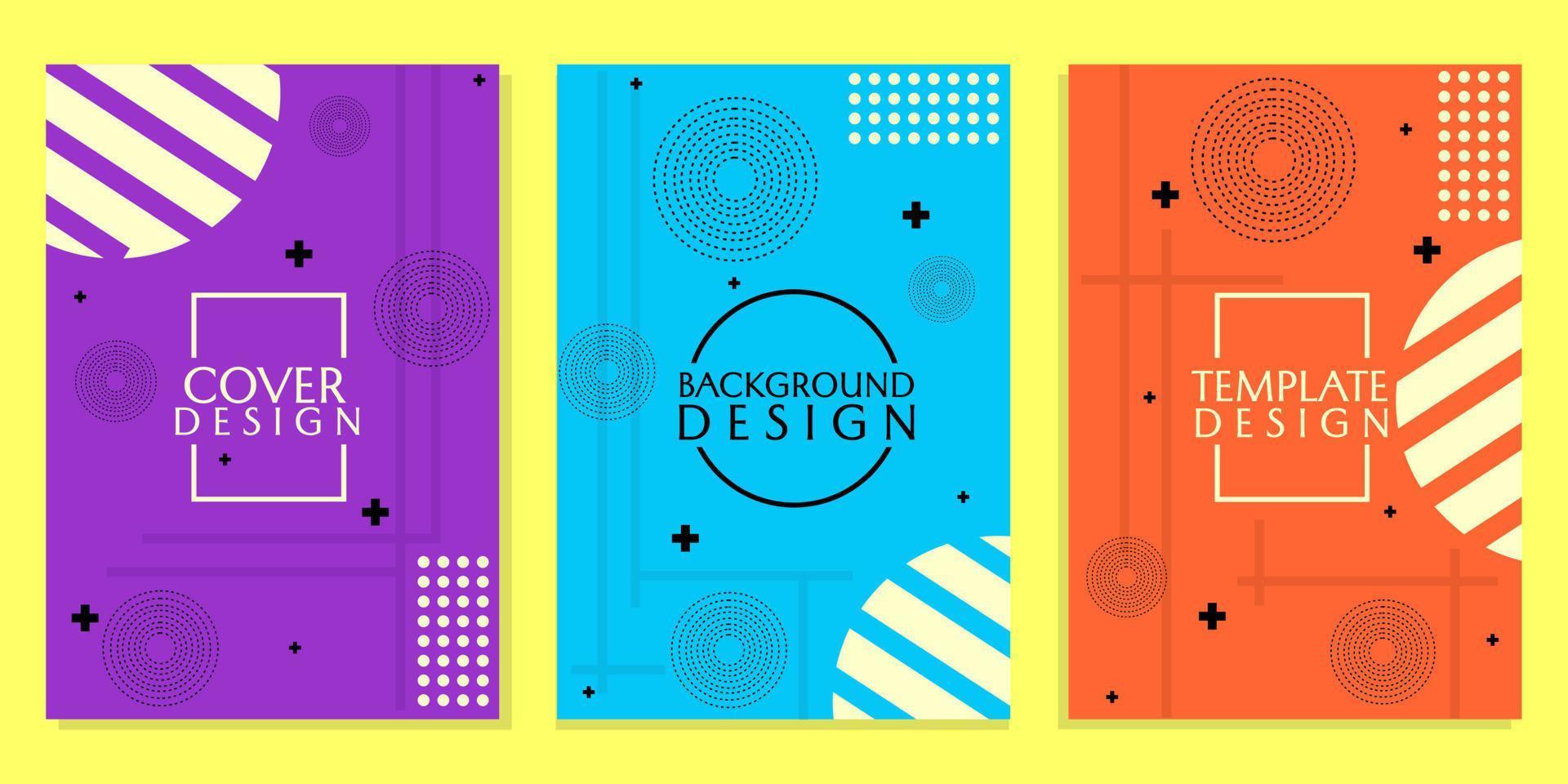 set of cover designs in purple, blue and orange colors, on an abstract geometrical background of lines and circles. used for cover design vector