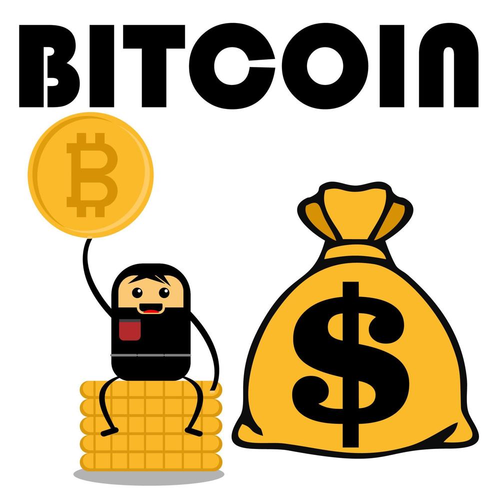 Vector illustration of cute businessman cartoon character getting bitcoins. Suitable for cryptocurrency content.