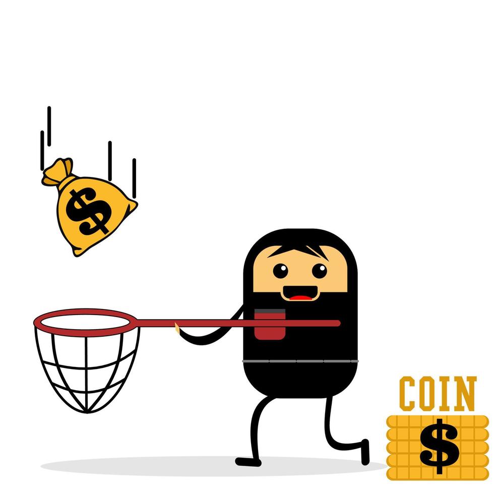 Vector illustration of cute businessman cartoon character getting bitcoins. Suitable for cryptocurrency content.