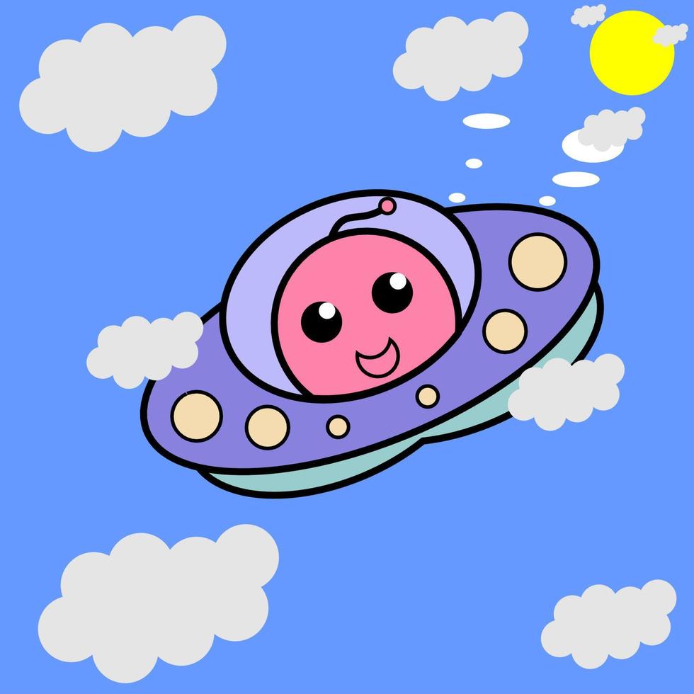 ilustración vectorial personaje de dibujos animados gráficos de lindo ovni alienígena en estilo de arte de línea doodle kawaii. adecuado para libros infantiles, camisetas, prendas de vestir y otros productos para niños. vector