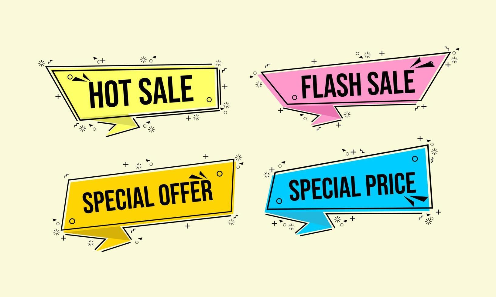 collection of discount advertising banners in different colors and memphis style background vector