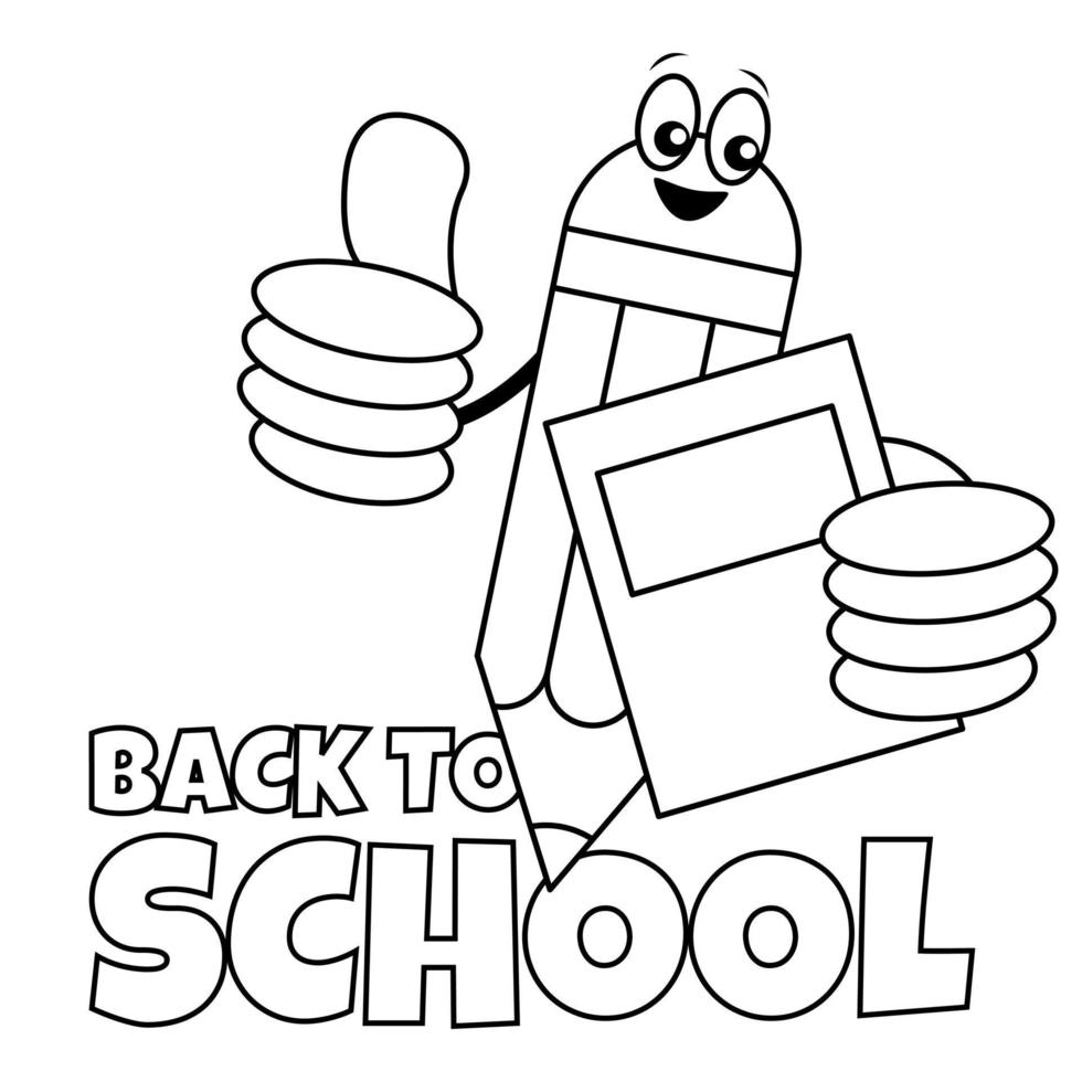 Back to school coloring sheet. Cute pencil thumbs up and carries a book. Suitable for school events vector