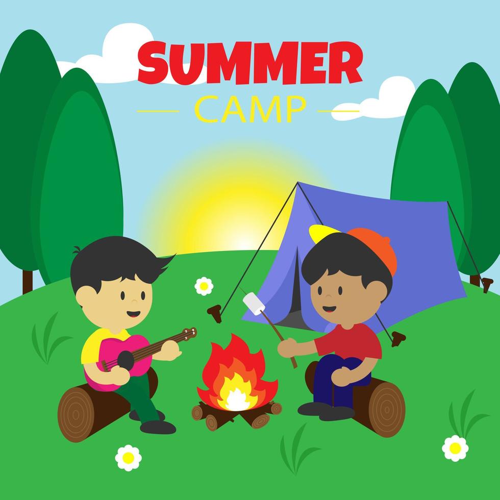 Summer camp. One boy is playing guitar and the other is roasting marshmellow. Suitable for summer events vector