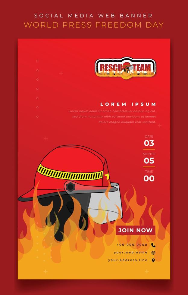 plantilla de banner de retrato con diseño de casco de bomberos para el día del bombero en diseño de fondo rojo vector