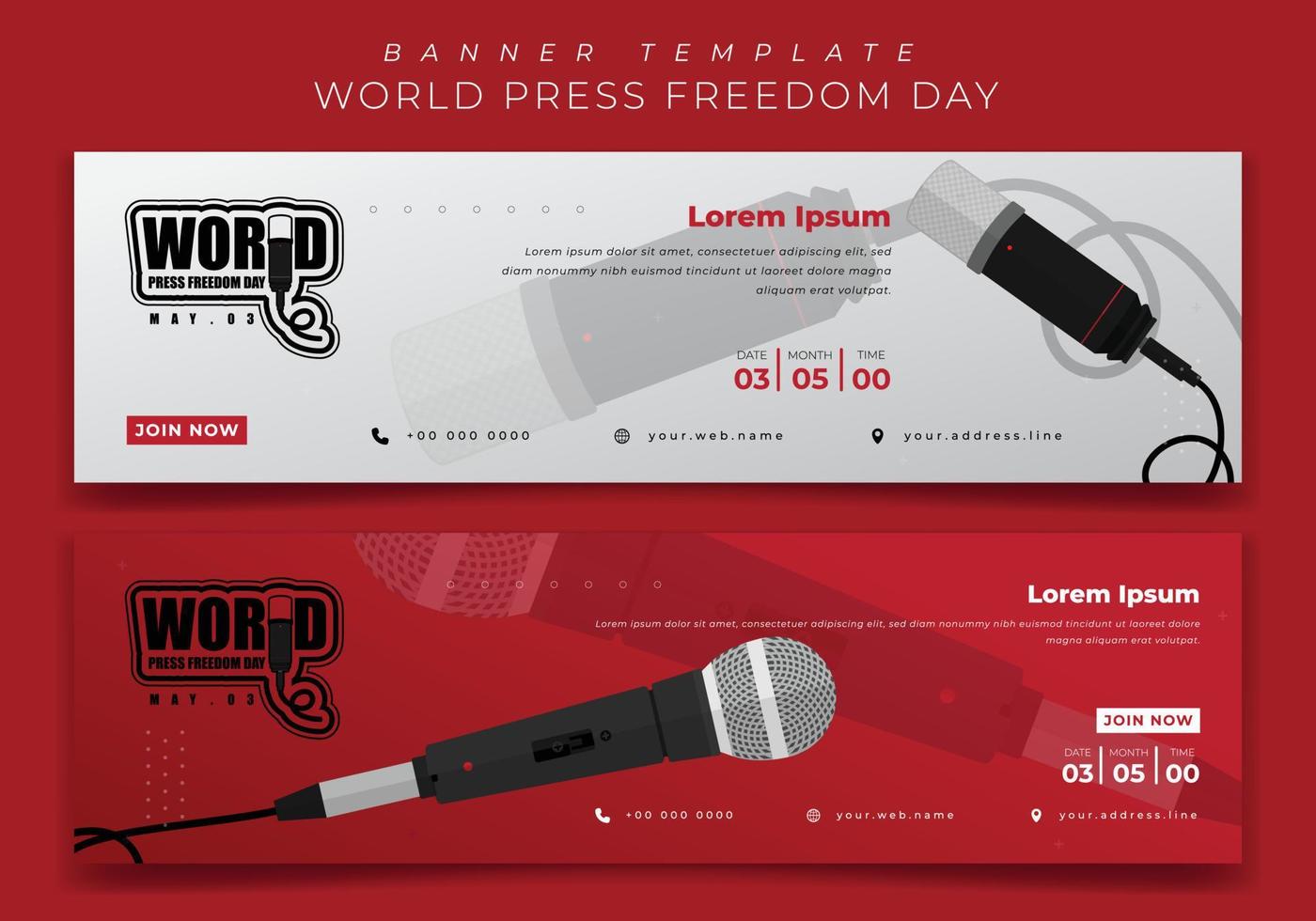 plantilla de banner rojo y blanco para el día mundial de la libertad de prensa con diseño de micrófono vector