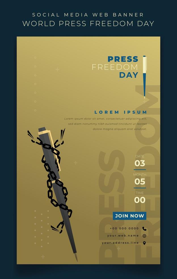 diseño de plantilla de banner en fondo dorado vertical con bolígrafo para el diseño del día mundial de la libertad de prensa vector