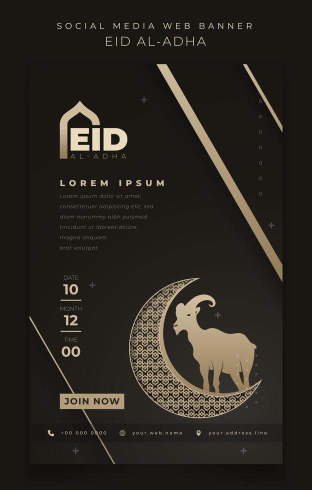 plantilla de banner para eid mubarak con diseño de media luna y cabra en diseño de fondo de oro negro vector