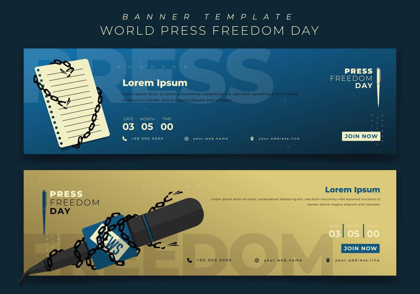 Banner template design in gold and blue landscape background for world press freedom day design vector