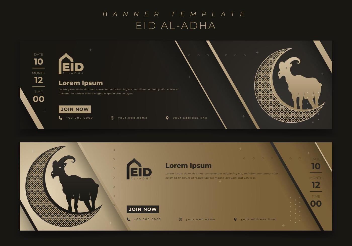 plantilla de banner web para la festividad islámica eid al adha en fondo de oro negro con diseño de cabra vector