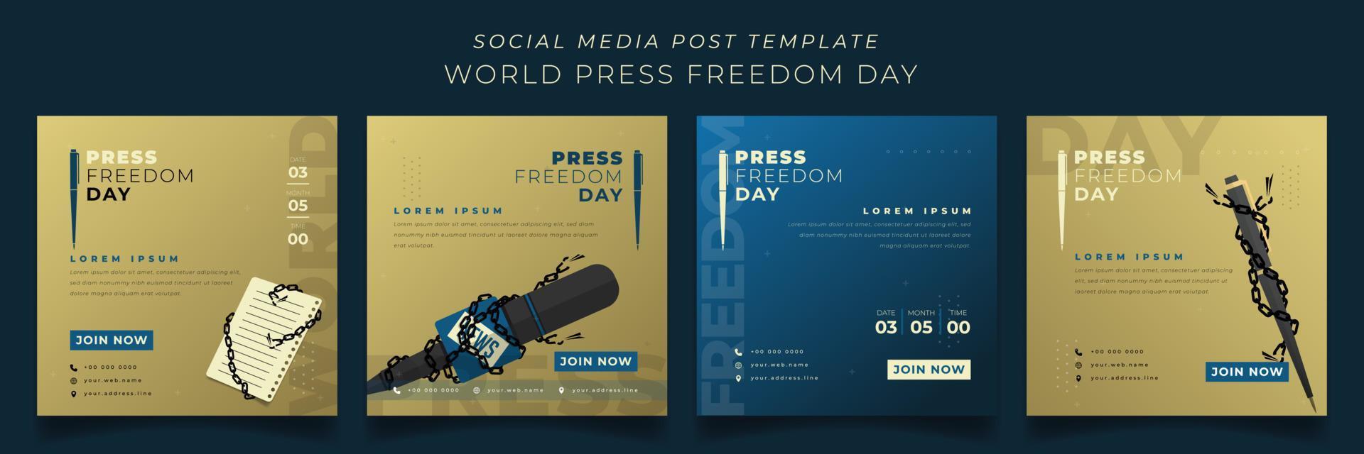 conjunto de plantillas de redes sociales en fondo cuadrado dorado y azul para el diseño del día mundial de la libertad de prensa vector