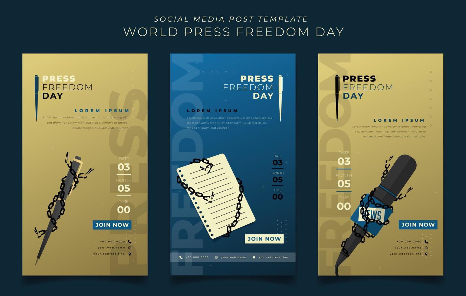 conjunto de plantillas de publicaciones en redes sociales con bloc de notas, bolígrafo y micrófono para el diseño del día de la libertad de prensa vector