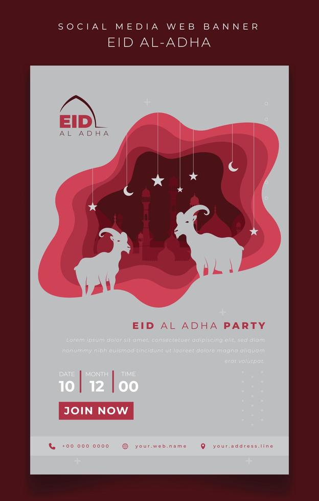 plantilla de banner para la festividad islámica eid al adha en fondo blanco con fondo de corte de papel rojo vector