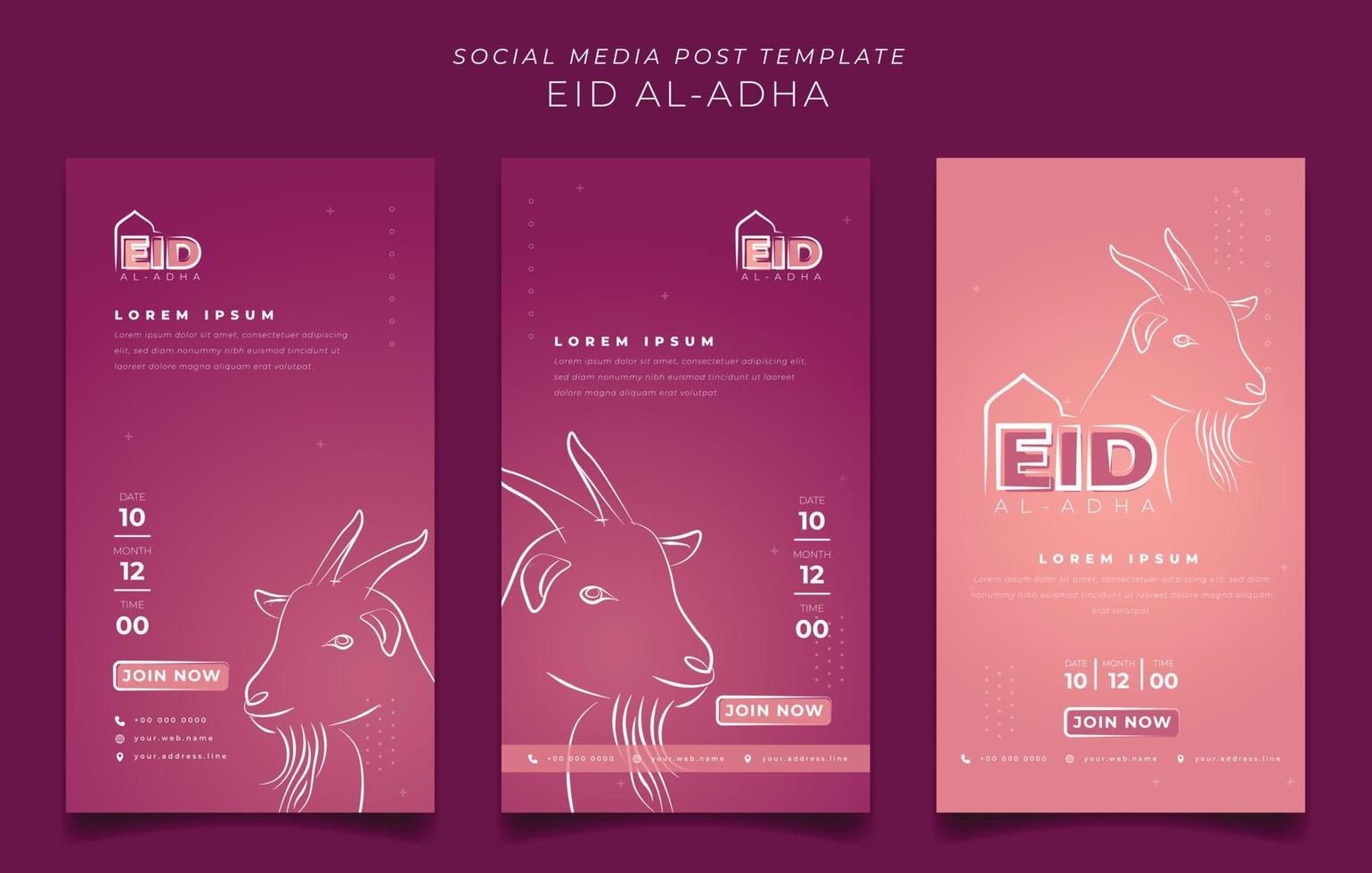 Set of portrait social media template for eid al adha islamic holiday with goat line drawing design vector