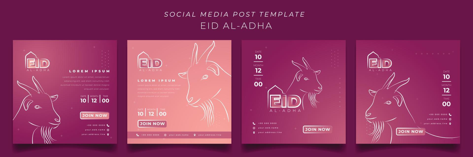 conjunto de plantillas de publicación en redes sociales para la festividad islámica eid al adha en diseño de fondo rosa vector