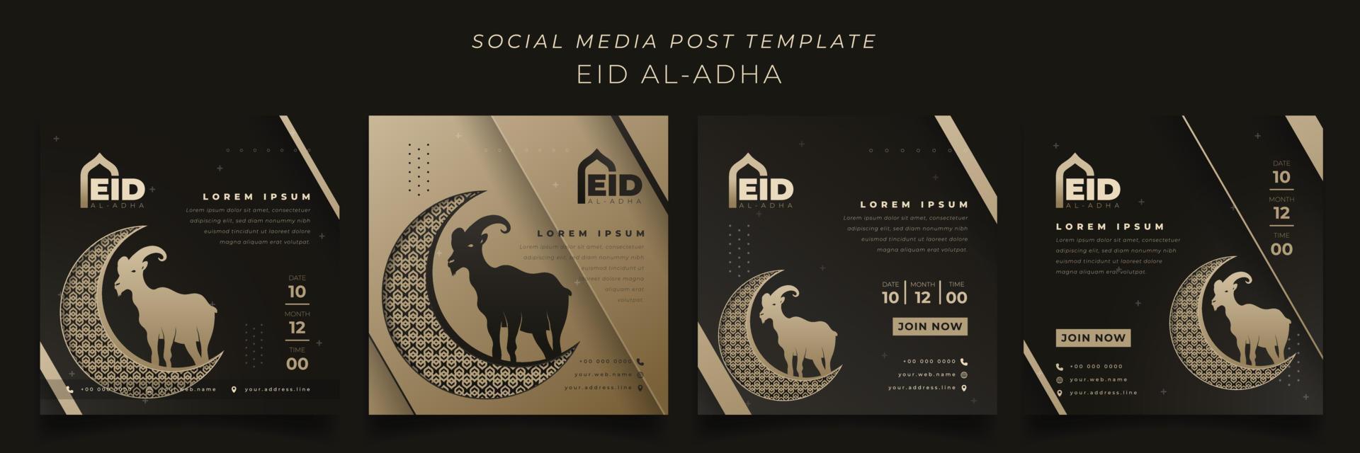 Social media post template for eid al adha in black gold background with goat and crescent moon design vector