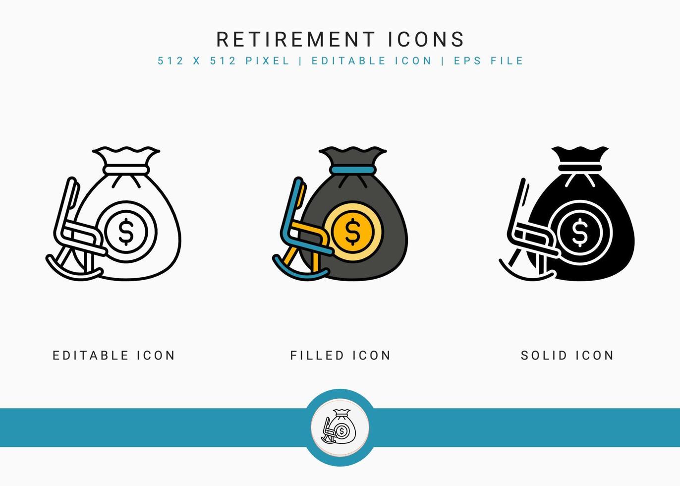 iconos de jubilación establecer ilustración vectorial con estilo de línea de icono. concepto de plan de fondo de pensiones. icono de trazo editable sobre fondo blanco aislado para diseño web, interfaz de usuario y aplicación móvil vector