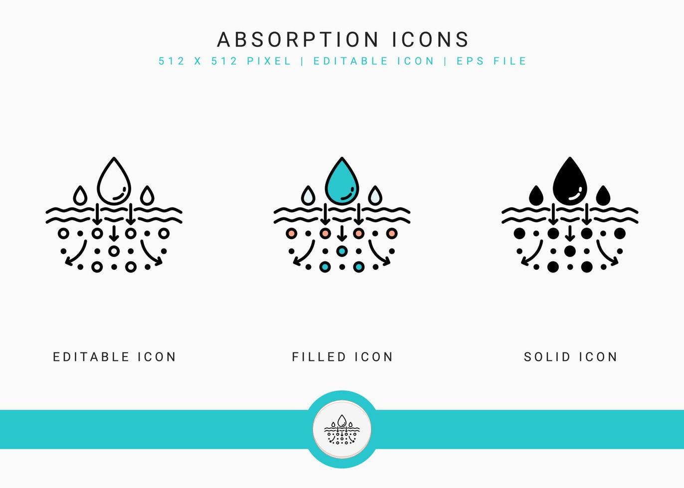 Absorption icons set vector illustration with solid icon line style. Skin water moisture concept. Editable stroke icon on isolated background for web design, user interface, and mobile application