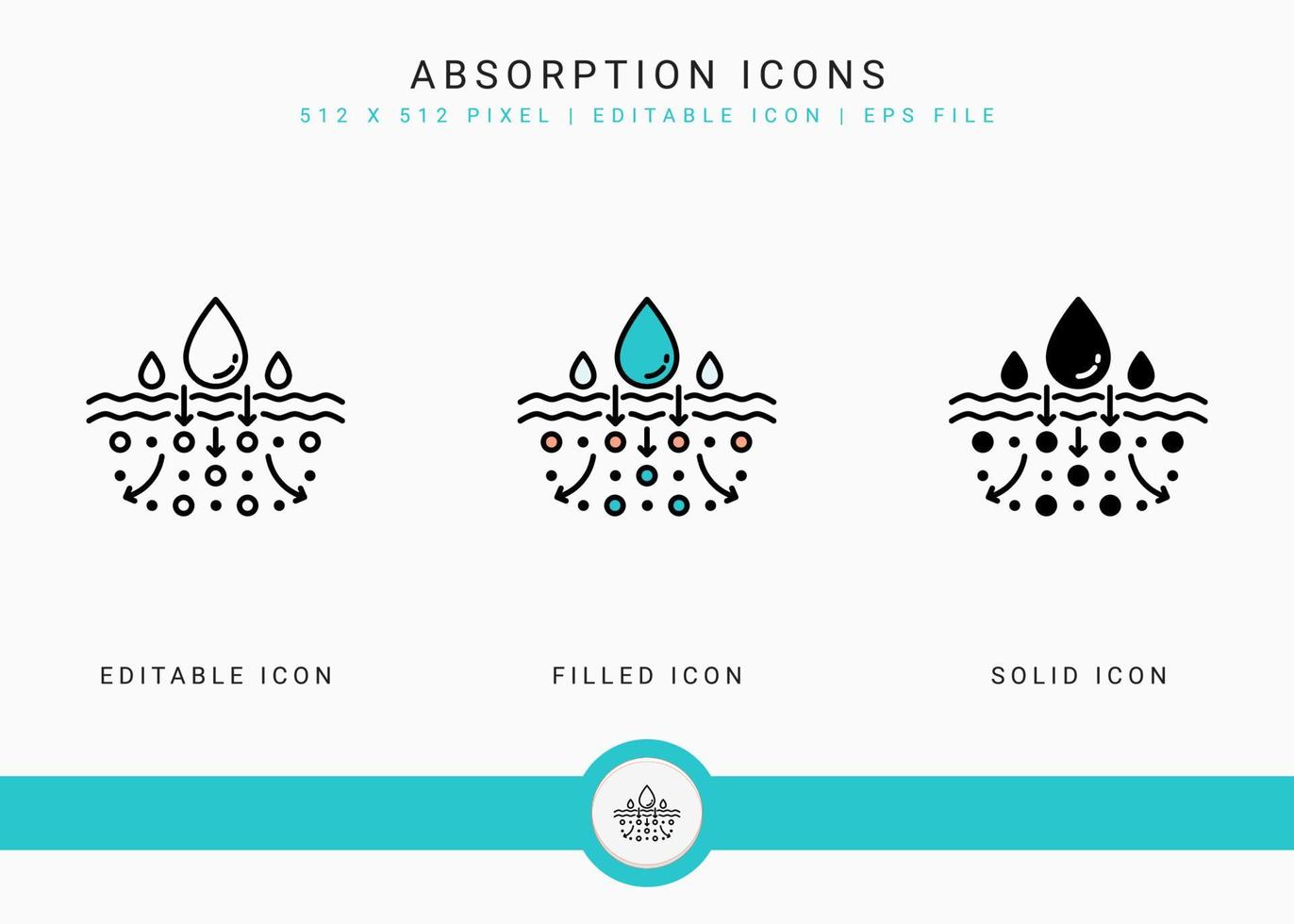 Absorption icons set vector illustration with solid icon line style. Skin water moisture concept. Editable stroke icon on isolated background for web design, user interface, and mobile application