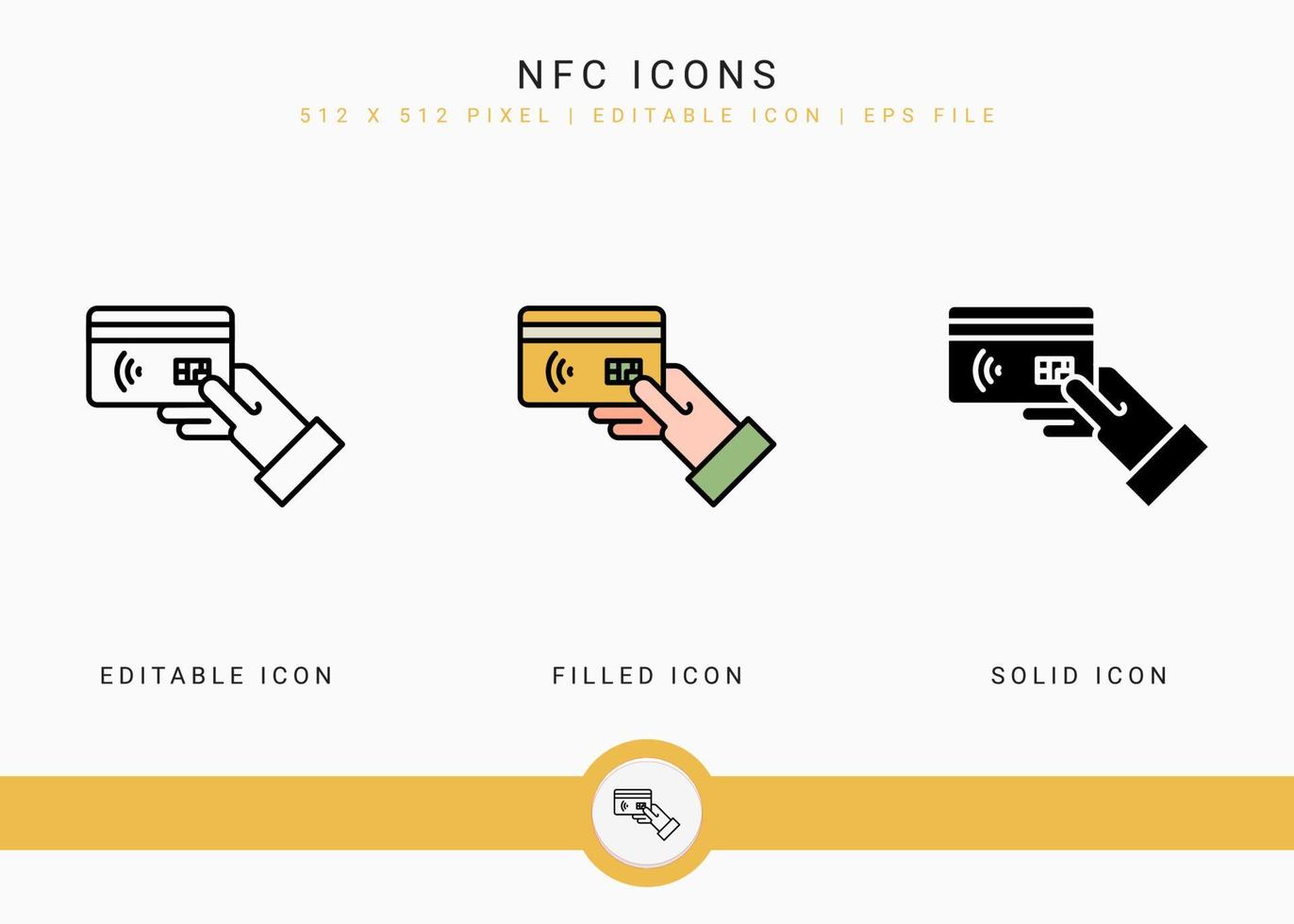 Los iconos nfc establecen una ilustración vectorial con un estilo de línea de icono sólido. concepto de pago inalámbrico. icono de trazo editable sobre fondo blanco aislado para diseño web, interfaz de usuario y aplicación móvil vector