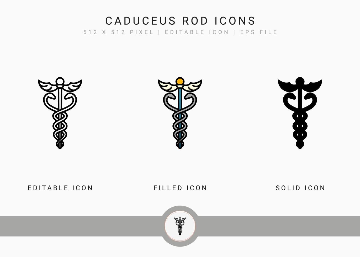 los iconos de varilla de caduceo establecen ilustración vectorial con estilo de línea de icono sólido. concepto de asclepio. icono de trazo editable en un fondo aislado para diseño web, interfaz de usuario y aplicación móvil vector