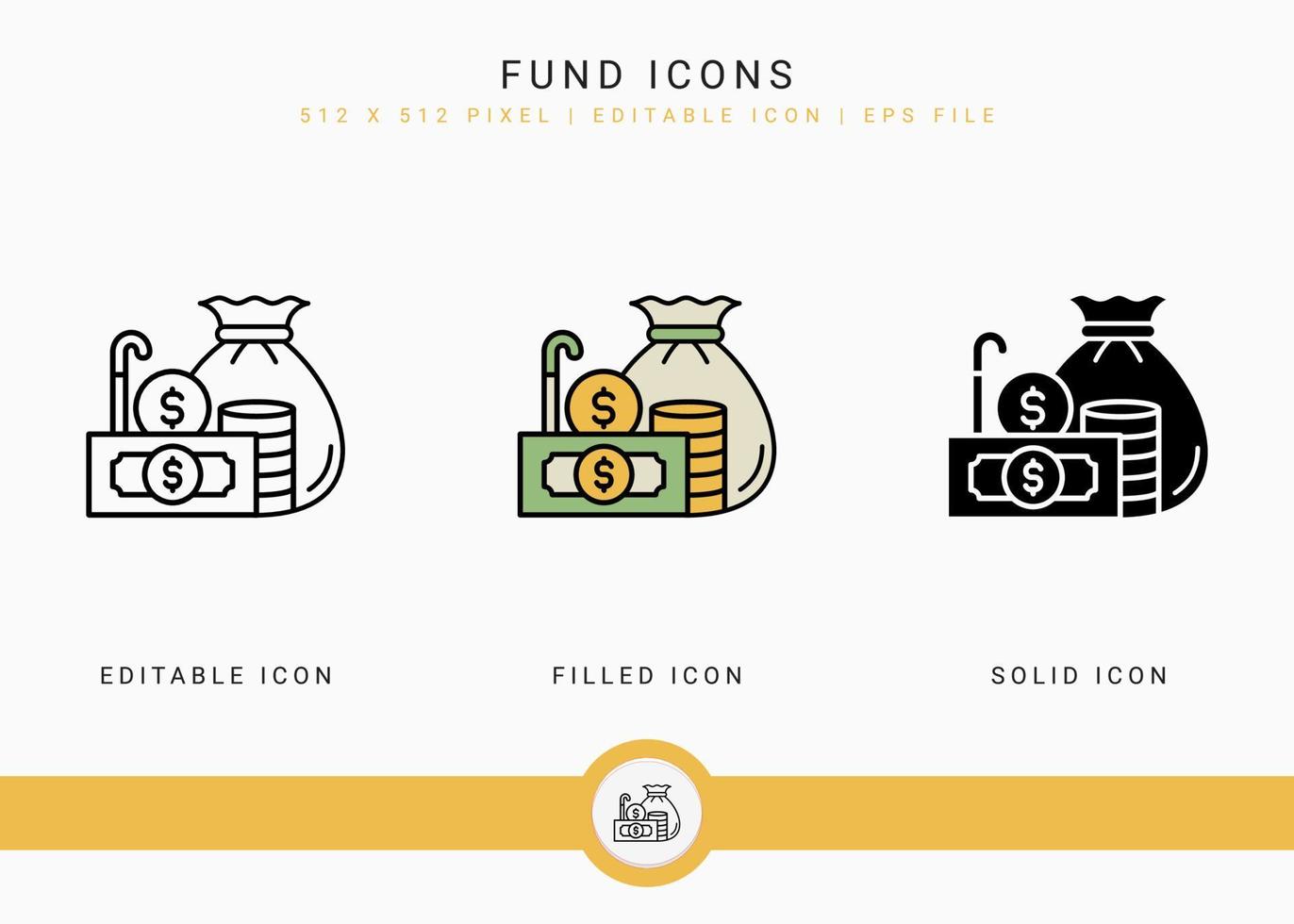 Fund icons set vector illustration with icon line style. Pension fund plan concept. Editable stroke icon on isolated white background for web design, user interface, and mobile application