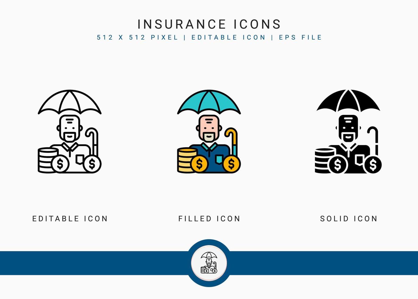 los iconos de seguros establecen una ilustración vectorial con un estilo de línea de iconos. concepto de plan de fondo de pensiones. icono de trazo editable sobre fondo blanco aislado para diseño web, interfaz de usuario y aplicación móvil vector