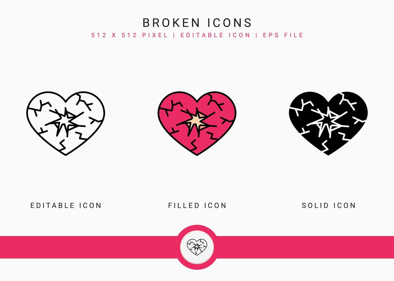 Broken icons set vector illustration with solid icon line style. Wedding love romance concept. Editable stroke icon on isolated background for web design, user interface, and mobile application