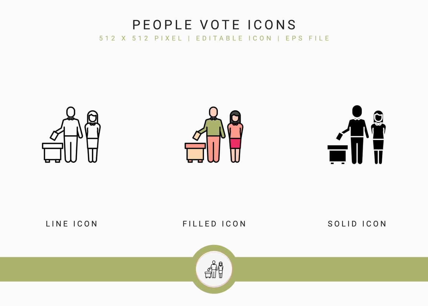 People vote icons set vector illustration with solid icon line style. Government public election concept. Editable stroke icon on isolated background for web design, user interface, and mobile app