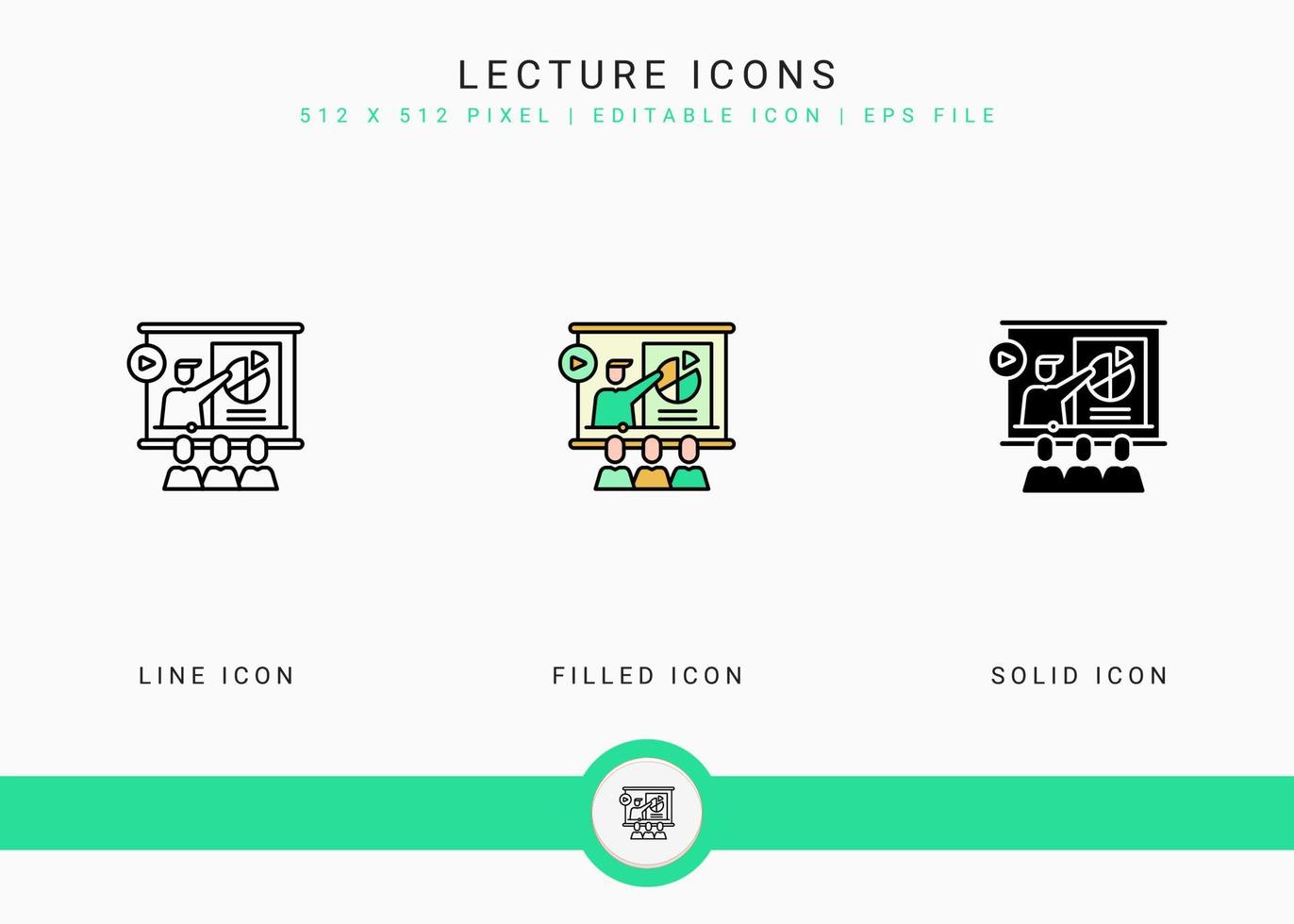 Lecture icons set vector illustration with solid icon line style. Online video webinar concept. Editable stroke icon on isolated background for web design, user interface, and mobile app