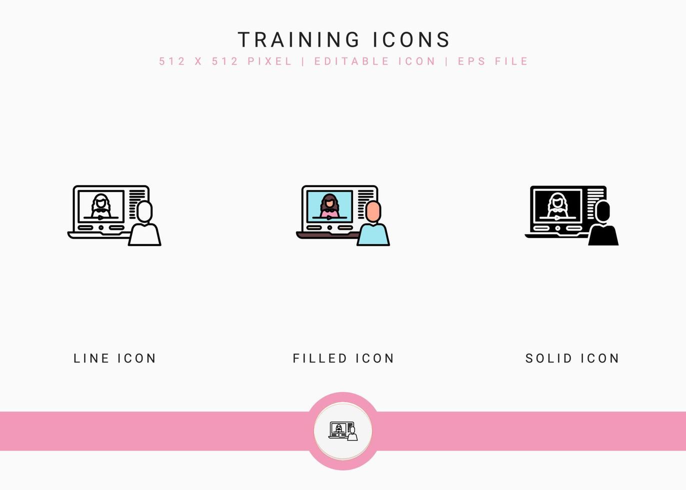 Training icons set vector illustration with solid icon line style. Online video webinar concept. Editable stroke icon on isolated background for web design, user interface, and mobile app