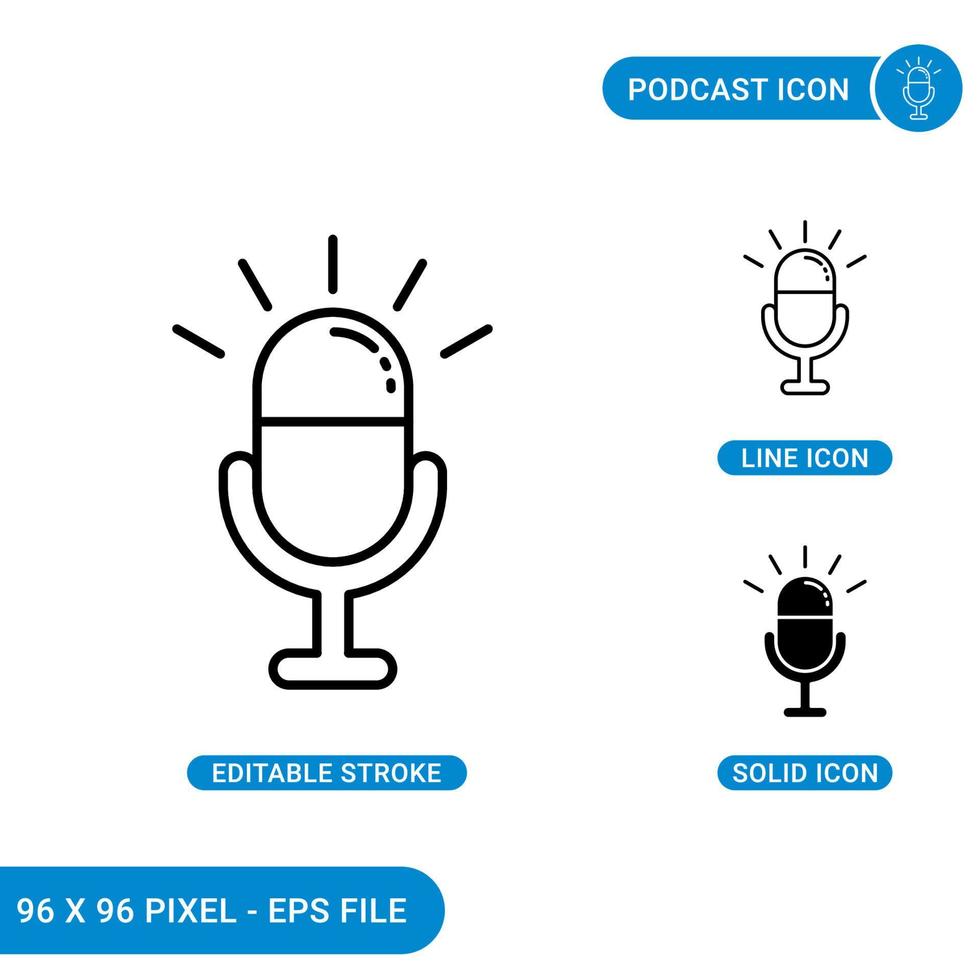 Podcast icons set vector illustration with solid icon line style. Radio microphone symbol concept. Editable stroke icon on isolated background for web design, infographic and UI mobile app.