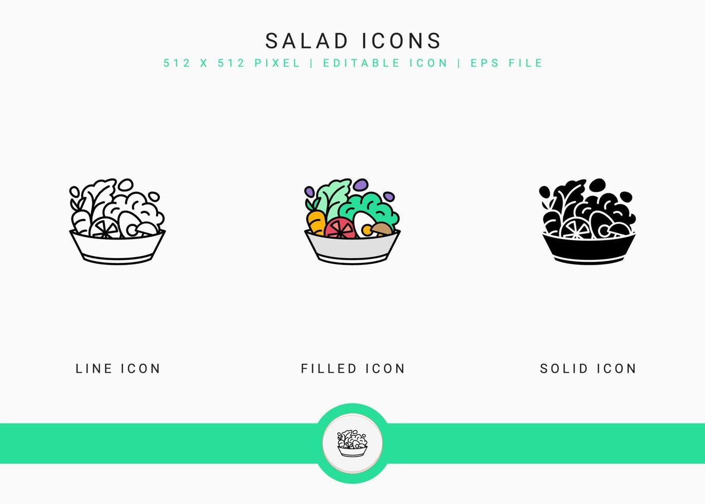 iconos de ensalada establecer ilustración vectorial con estilo de línea de icono sólido. concepto de comida de dieta vegetariana. icono de trazo editable sobre fondo blanco aislado para diseño web, interfaz de usuario y aplicación móvil vector