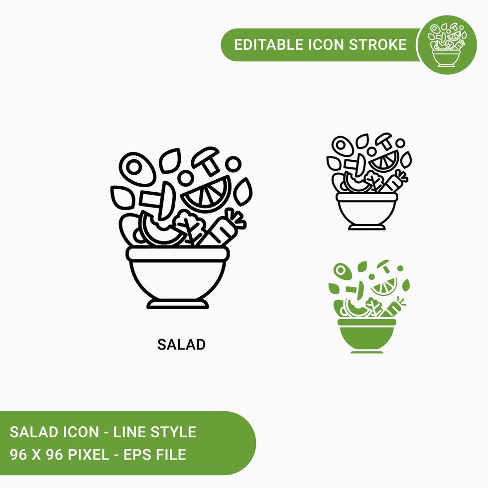 iconos de ensalada establecer ilustración vectorial con estilo de línea de icono. ingredientes veganos saludables en un tazón. icono de trazo editable sobre fondo blanco aislado para diseño web, interfaz de usuario y aplicación móvil vector