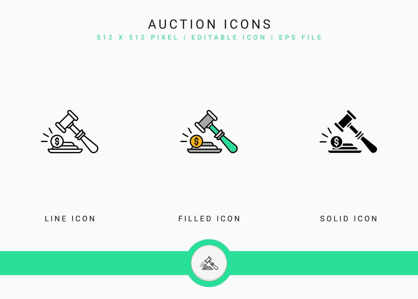 Auction icons set vector illustration with solid icon line style. Bid deal act concept. Editable stroke icon on isolated background for web design, user interface, and mobile application