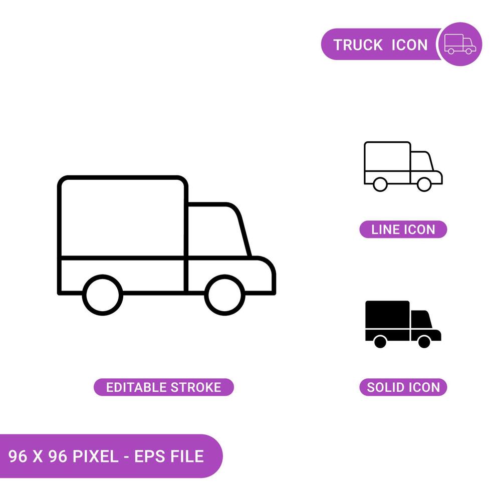 iconos de camiones establecen ilustración vectorial con estilo de línea de icono sólido. concepto de camión de reparto. icono de trazo editable en un fondo aislado para diseño web, infografía y aplicación móvil ui. vector