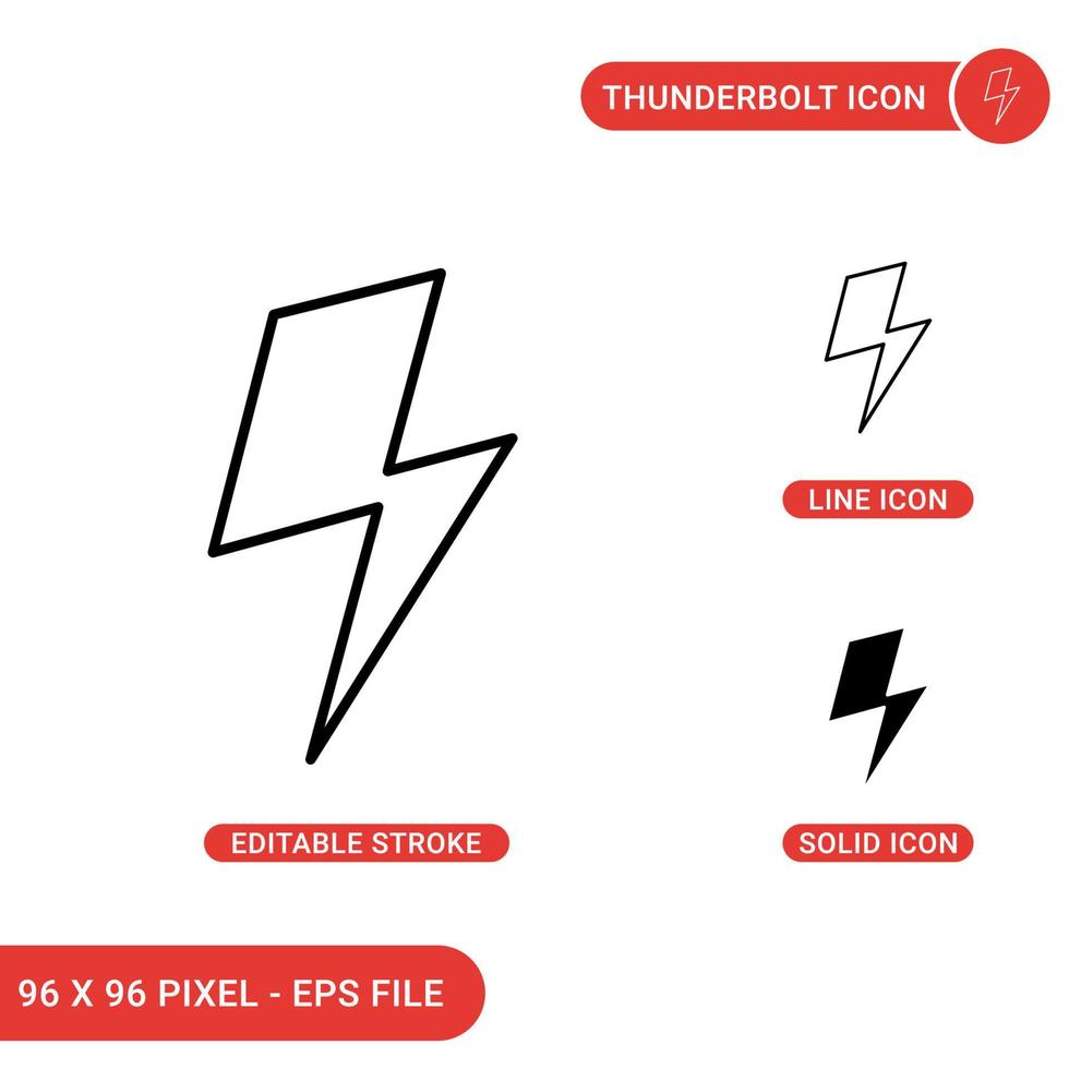 Thunderbolt icons set vector illustration with solid icon line style. David bowie bolt concept. Editable stroke icon on isolated background for web design, infographic and UI mobile app.